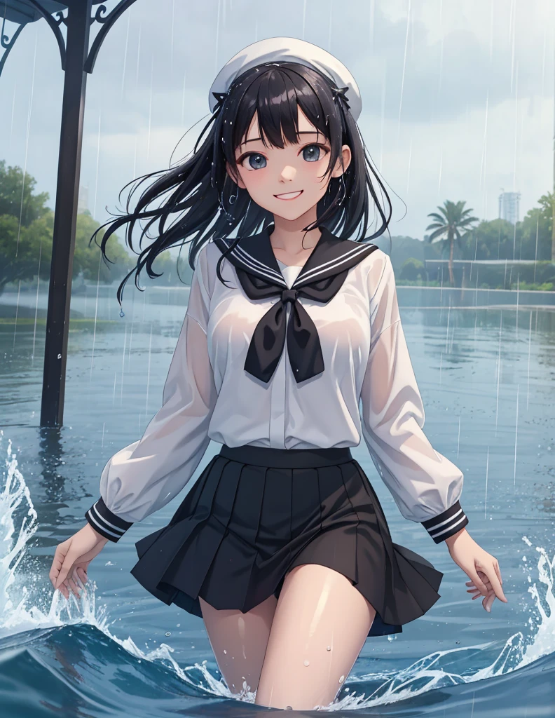 (8k, Highest quality, masterpiece: 1.2), Ultra-high resolution, 1 person, cute, Small breasts, Highly detailed face, White blouse, black and white sailor suit, 大量のrain, rain, soaked, Black underwear, ribbon, Long skirt, (Goth Skirt), Water droplets all over the body, A childlike smile, The best smile, Lots of water, Submersion, splash,