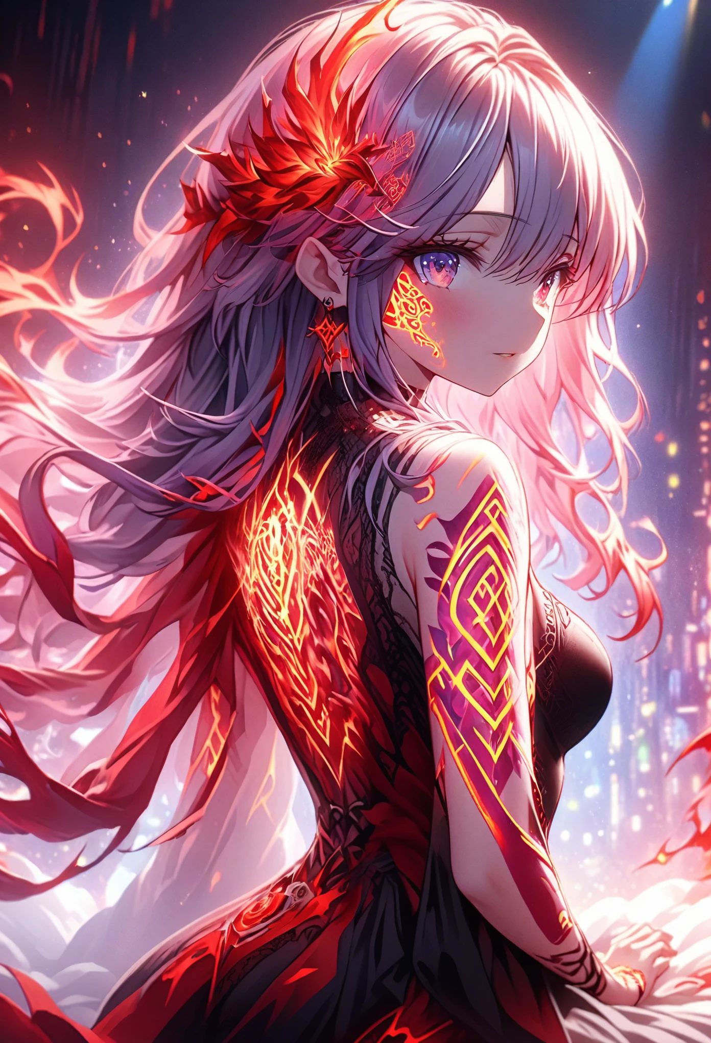 Anime screenshots、Artistic anime illustration of a woman with glowing neon geometric dragon tattoos all over her body and face。Arm and leg tattoos、A mixture of red, purple and fire。、Emit neon lights。She has been a long time, Flowing Hair。、、This scene has a dreamy soft-focus effect.。、It highlights the dreamy glow of the tattoo..。、Back of hand、sit、