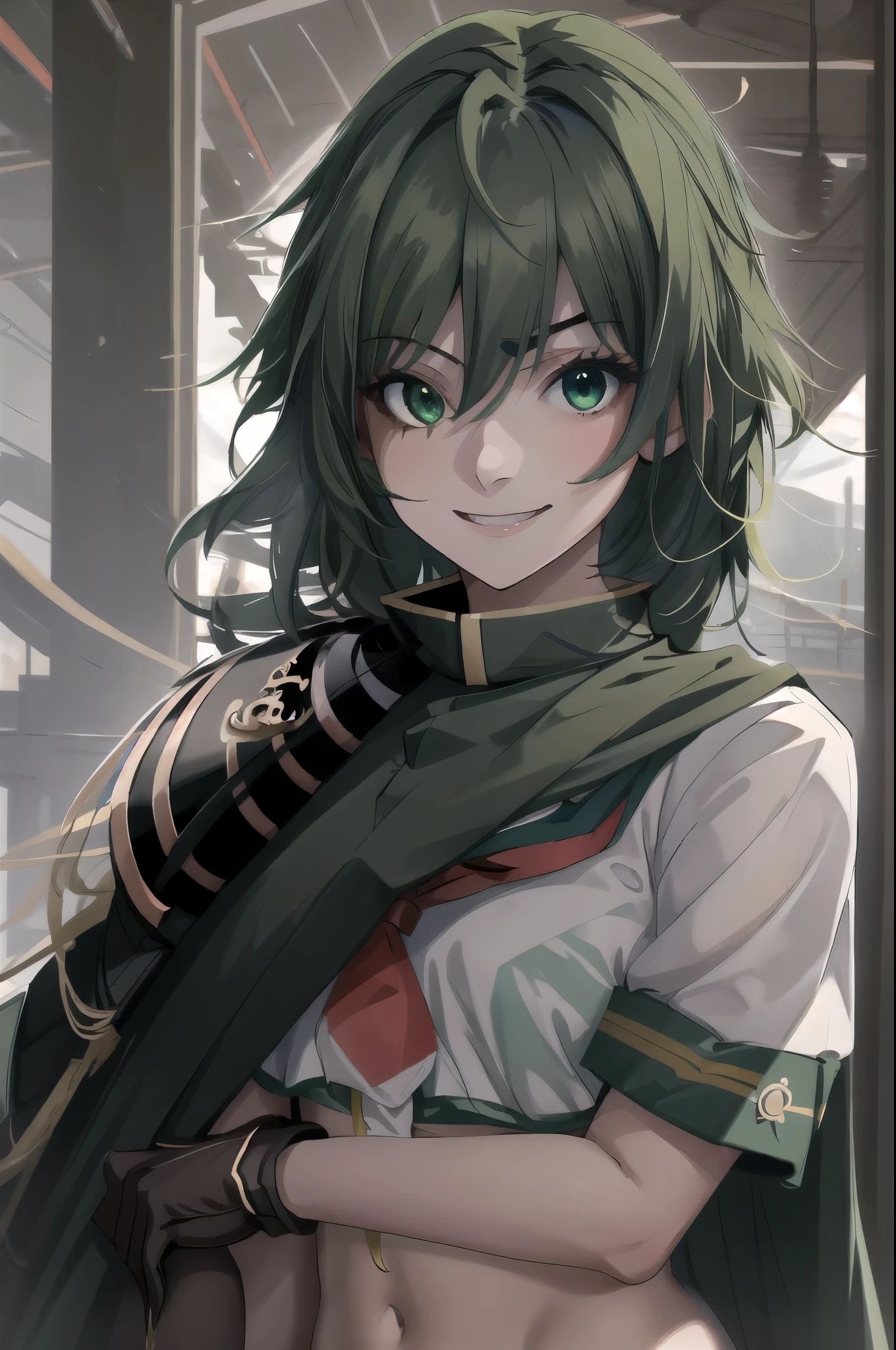 Highest quality, masterpiece, High resolution, 一人in, {Kiso_Fleet Collection:1.15}, green_hair, eyepinch, green_eye, short_hair, Seraphim, hin, Cape, smile, One girl, Looking_in_Audience, Scapula, Sailor_hin, School_uniform, shoulder_armor, armor, brown_gloves, gloves, hair_between_eye, (右eye眼帯), 