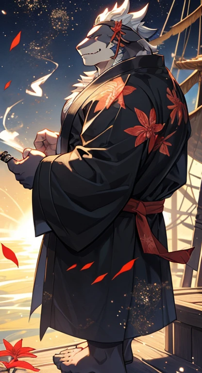 alone,masterpiece,Humanity,male,Killer whale(black body),scale,Delicate face,Delicate eyes,Strong muscles, Stern face,bright,hard boiled,Pure Japanese style,(Black kimono with a red spider lily pattern), early morning,pirate ship,((He is wearing a haori coat with a large three-leaf crest on the back.)),Black kimono,I have a smoking pipe,big pirate,Bold Smile,whole body, performer, maleらしい, Toe Nails, wonderful,Written boundary depth, Perfect lighting, (Particles of light),(Highest quality),(masterpiece),(Ultra Deshipped),Sharp focus,Particles of light