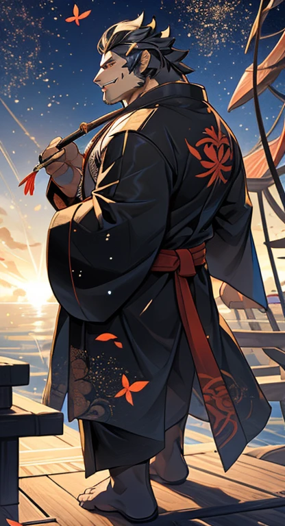 alone,masterpiece,Humanity,male,Killer whale(black body),scale,Delicate face,Delicate eyes,Strong muscles, Stern face,bright,hard boiled,Pure Japanese style,(Black kimono with a red spider lily pattern), early morning,pirate ship,((He is wearing a haori coat with a large three-leaf crest on the back.)),Black kimono,I have a smoking pipe,big pirate,Bold Smile,whole body, performer, maleらしい, Toe Nails, wonderful,Written boundary depth, Perfect lighting, (Particles of light),(Highest quality),(masterpiece),(Ultra Deshipped),Sharp focus,Particles of light