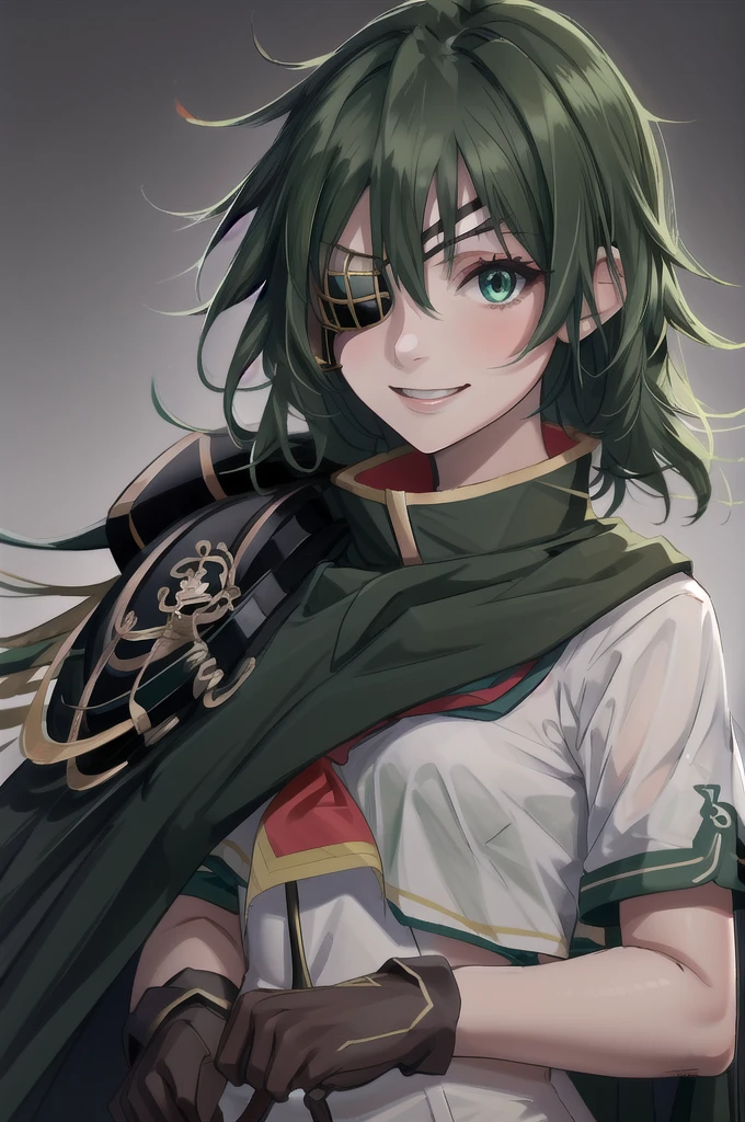 Highest quality, masterpiece, High resolution, 一人in, {Kiso_Fleet Collection:1.15}, green_hair, eyepinch, green_eye, short_hair, Seraphim, hin, Cape, smile, One girl, Looking_in_Audience, Scapula, Sailor_hin, School_uniform, shoulder_armor, armor, brown_gloves, gloves, hair_between_eye, ((Eye patch)),