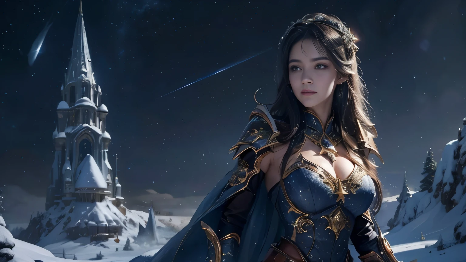 masterpiece, remain, best quality, very detailed, super real, 16,000, high resolution, castle，eye, ((starry sky)),female warrior，ornate armor，complex pattern，big bust，beautiful face，dramatic，half body shot