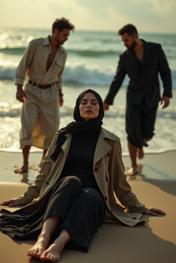 Black headscarf on the beach, white long sleeve t shirt, baggy black sweatpants, barefoot, Sexy skinny woman. Man kneeling in front of woman, Woman touching the front of man's sweatpants with her foot.Another man touches a woman from behind.