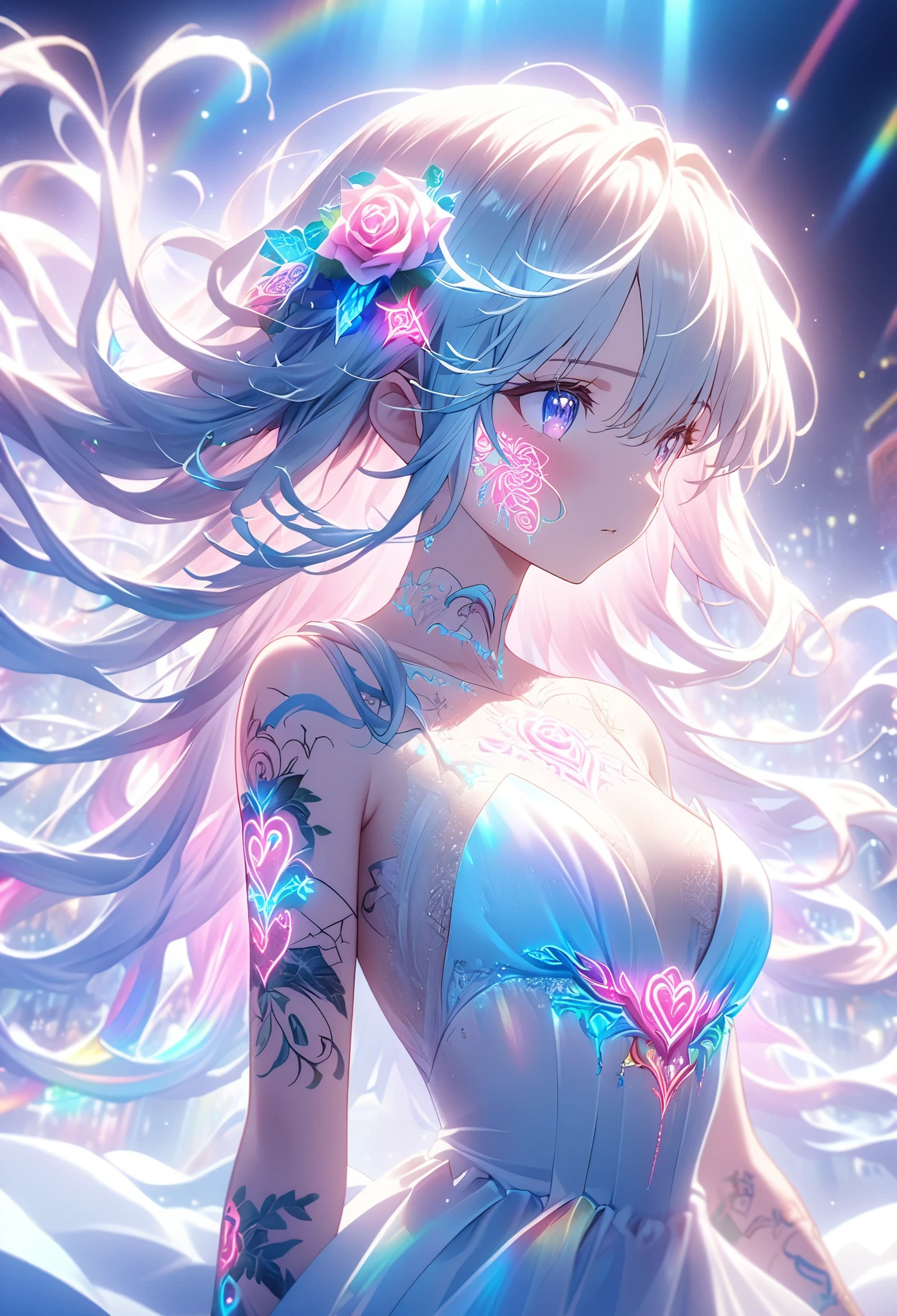 Anime screenshots、 Artistic illustration of a female anime character adorned with glowing neon rose and ivy tattoos all over her body and face。 The tattoos on his arms are mixed with white, Rainbow and white light.、 Emitting neon lights。 The girl has been, Flowing Hair、 This scene、Dreamy soft focus effect.、 Highlight the dreamy glow of your tattoo.、