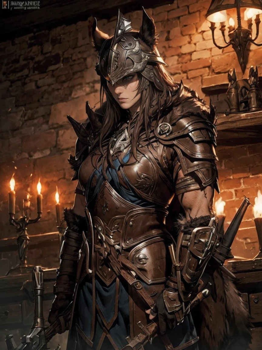 warrioress, series, long straight hair, medieval leather skin clothing, bone details, wolf shaped helmet, armor shoulder pad, gloves fingerless, holding a big gun, standing, anxiously waiting, muscle building, armor with fur trim, dark indoor environment, dramatic lighting, light focused from above, shadows accentuating the contours, intense and powerful atmosphere, from front view, Shallow depth of field, well exposed, traje de cosplay ou personagem de fantasia