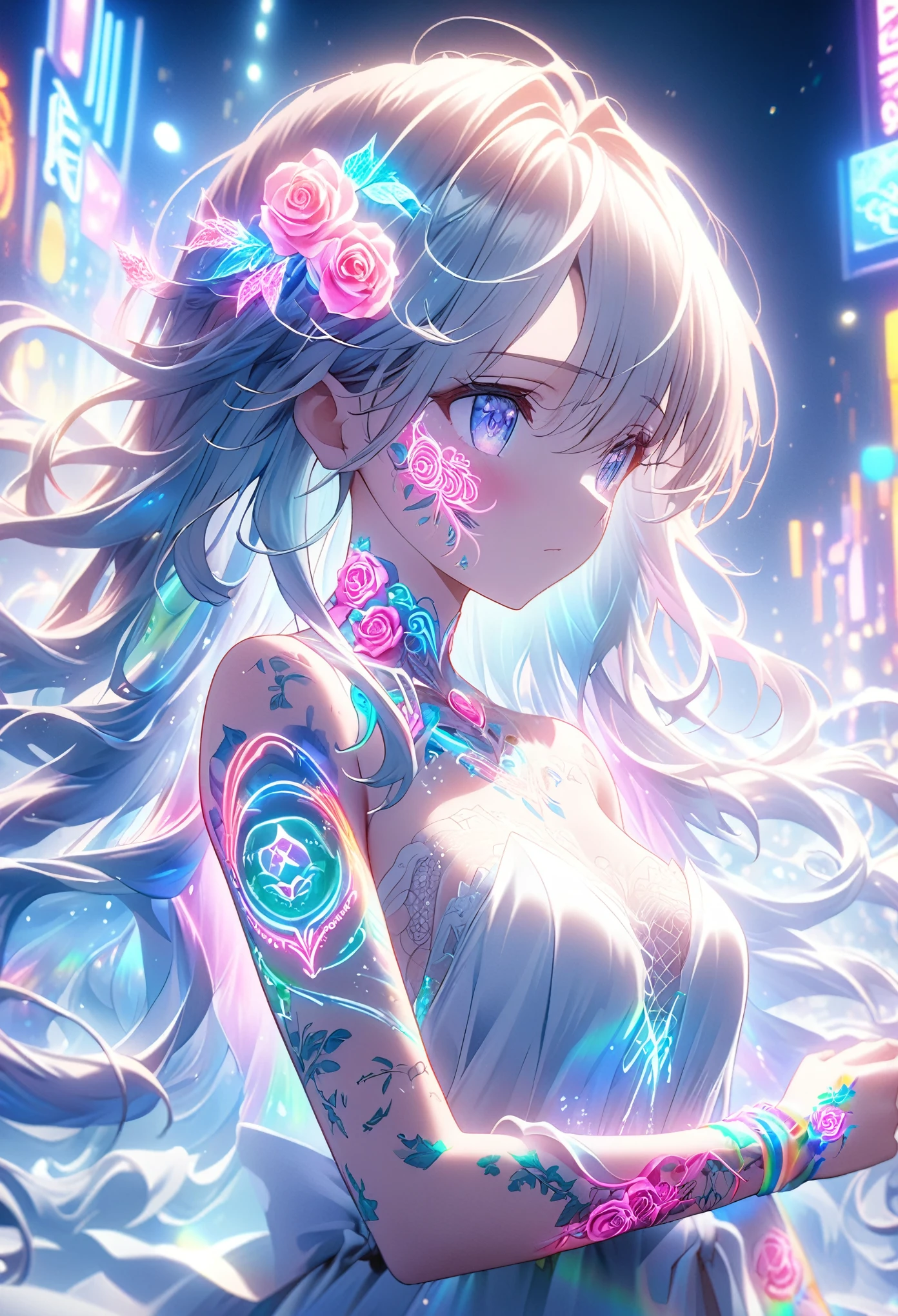 Anime screenshots、 Artistic illustration of a female anime character adorned with glowing neon rose and ivy tattoos all over her body and face。 The tattoos on his arms are mixed with white, Rainbow and white light.、 Emitting neon lights。 The girl has been, Flowing Hair、 This scene、Dreamy soft focus effect.、 Highlight the dreamy glow of your tattoo.、