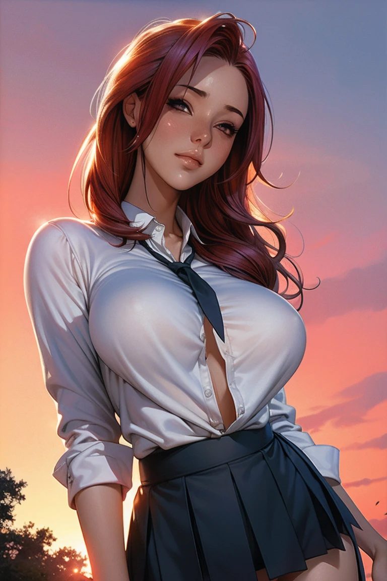 ,ruanyi0927,outdoors,red sky,forest,,ruanyi0917,torn clothes,school uniform,white shirt,side-tie panties,score_9, score_8_up, score_7_up, score_6_up, score_9, score_8_up, score_7_up, score_6_up source_anime, blush, 1girl, seduce smile, perfect body , natural huge breasts
