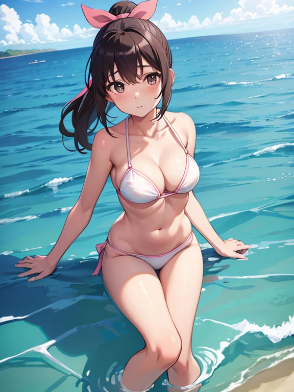 Shooting at sea,Show the whole body(Mastepiece,1, alone,) (Kodama Fumika)ponytail,Dark brown hair,Pink ribbon,,Big Breasts,Cleavage,White Bikini