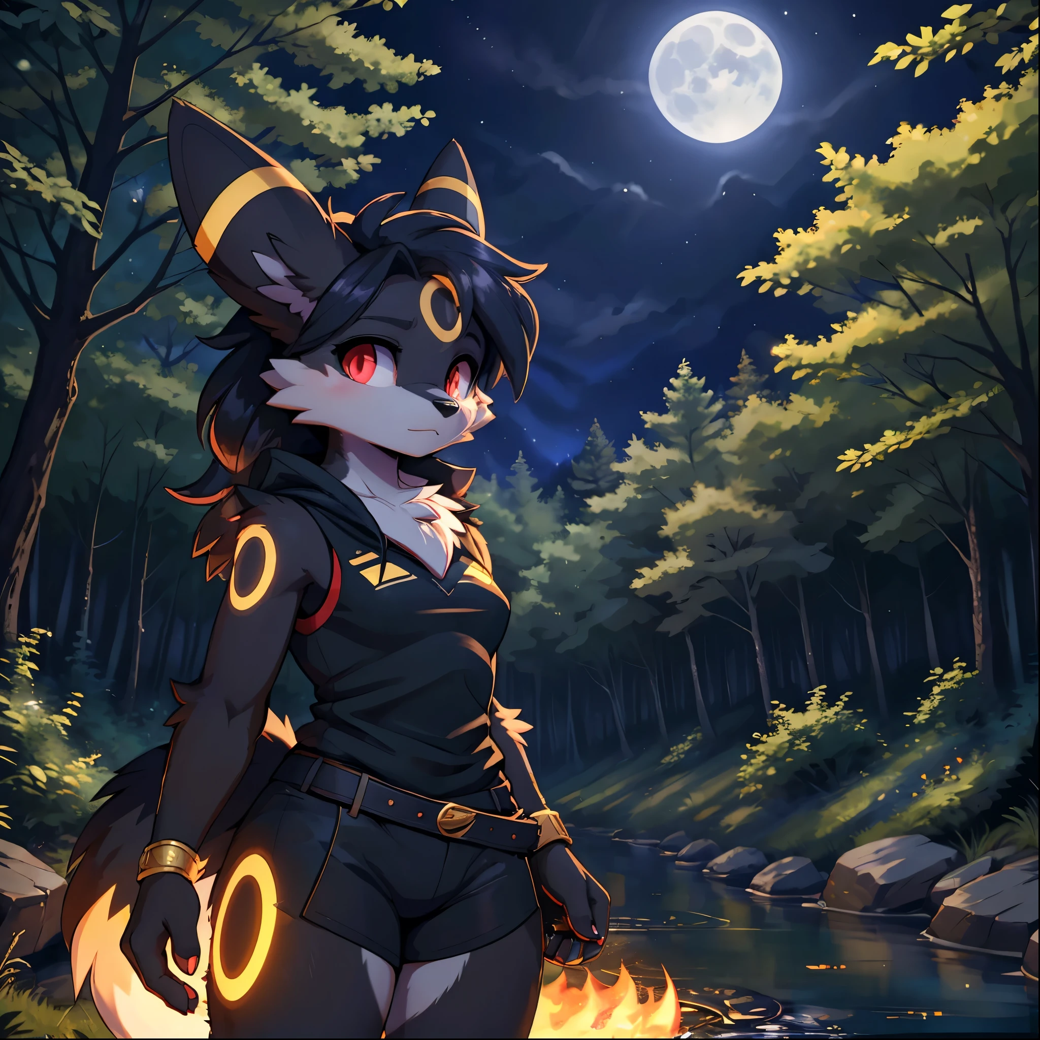 score_9, score_8_up, score_7_up, source_furry, rating_safe, 1girl,anthro, umbreon, black body fur, gold markings, pokemon, red eyes, fluffy fur, at night, moonlight, forest, detailed background, best quality, clothing