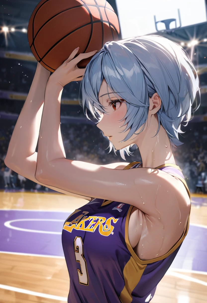 (Mastepiece, best quality, absurdres), close up shot, 1girl, ayanami rei, light blue hair, short hair, mature female, holding a basketball in hand, toned body, wearing a lakers basketball jersey, basketball court, looking at wiewer, sweating, 8k intricate illustration, dynamic pose, cinematic lighting, volumetric lighting, vibrant colors, ray tracing, intricate details, 