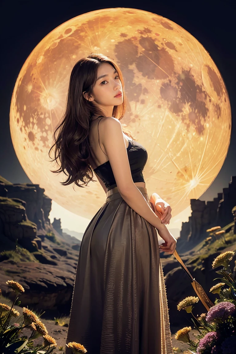 (masterpiece),(best quality), illustration, (fantasy:1.4), long brown hair, Long eyelashes, Solid round eyes, A faint smile, Surrealism, shadow, Relief, Stereogram, Atmospheric perspective, 8k, Super detailed, precise, best quality, Ultra high quality, textured skin, long skirt, a moon, Flowers , paper_cut