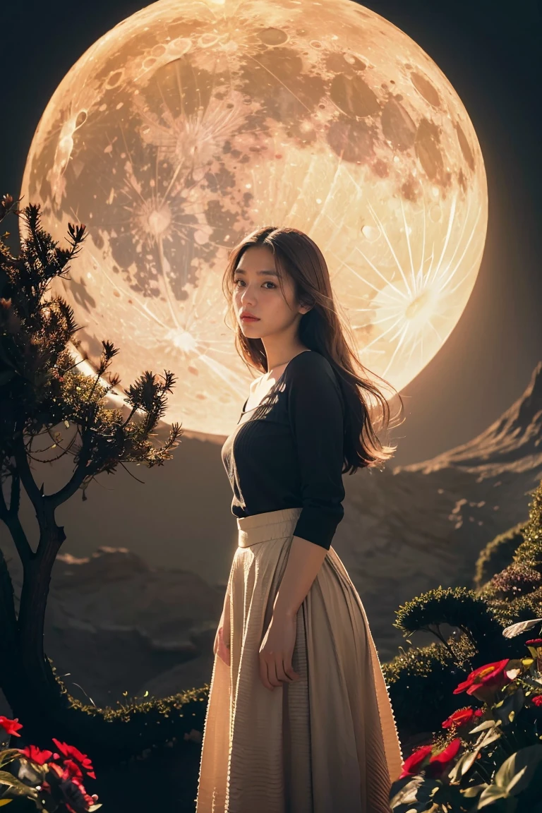 (masterpiece),(best quality), illustration, (fantasy:1.4), long brown hair, Long eyelashes, Solid round eyes, A faint smile, Surrealism, shadow, Relief, Stereogram, Atmospheric perspective, 8k, Super detailed, precise, best quality, Ultra high quality, textured skin, long skirt, a moon, Flowers , paper_cut