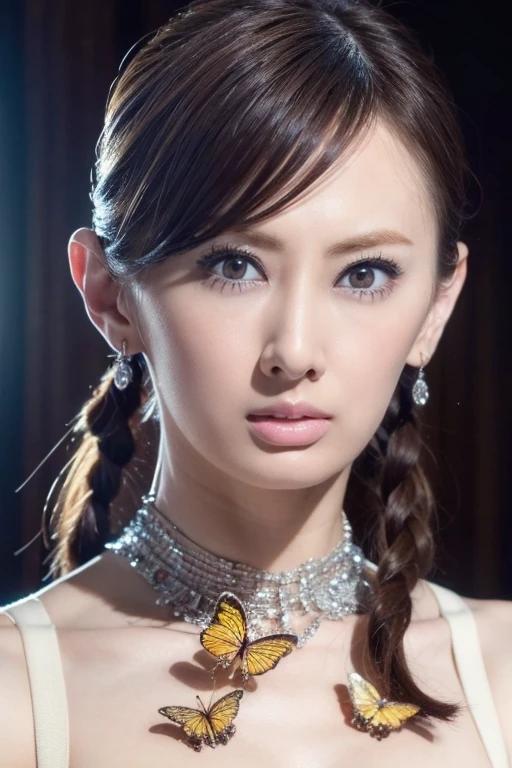 Portrait of a beautiful cyborg with brown hair in 8k, Complex, elegant, Very detailed, Majestic, Digital photography, art：artgerm、Ruan Jia、greg rutkowski, surrealistic painting, Gold butterfly decoration, Broken glass, (masterpiece, Side light, Delicate and beautiful eyes: 1.2), Human Development Report、Anatomically correct, 最high quality, Ultra high definition, high quality, High detail, Textured skin, Shortcuts, Short pigtails, Fujifilm, Portrait Photography, movie, movie撮影, Full body image