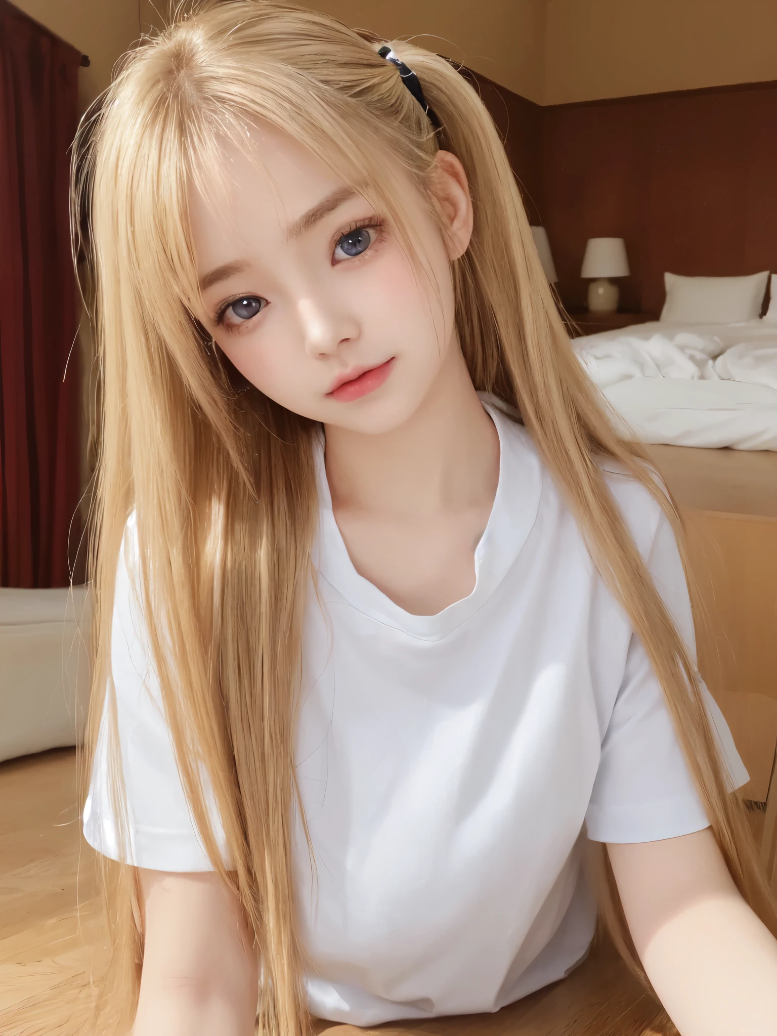 ((((masterpiece、Highest quality、High resolution、High precision)、anime)))、Golden Hair、Beautiful breasts、(Dynamic pose)、looking at the camera、(Beautiful detailed face、Beautiful big eyes)、((One beautiful woman))、((Embarrassed face))、Red cheeks、(((Blushing with a bitchy expression)))、Lie on a futon in a Japanese-style room、Light from below、Blue Eyes、Twin tails、Small breasts、Wear a cutter shirt