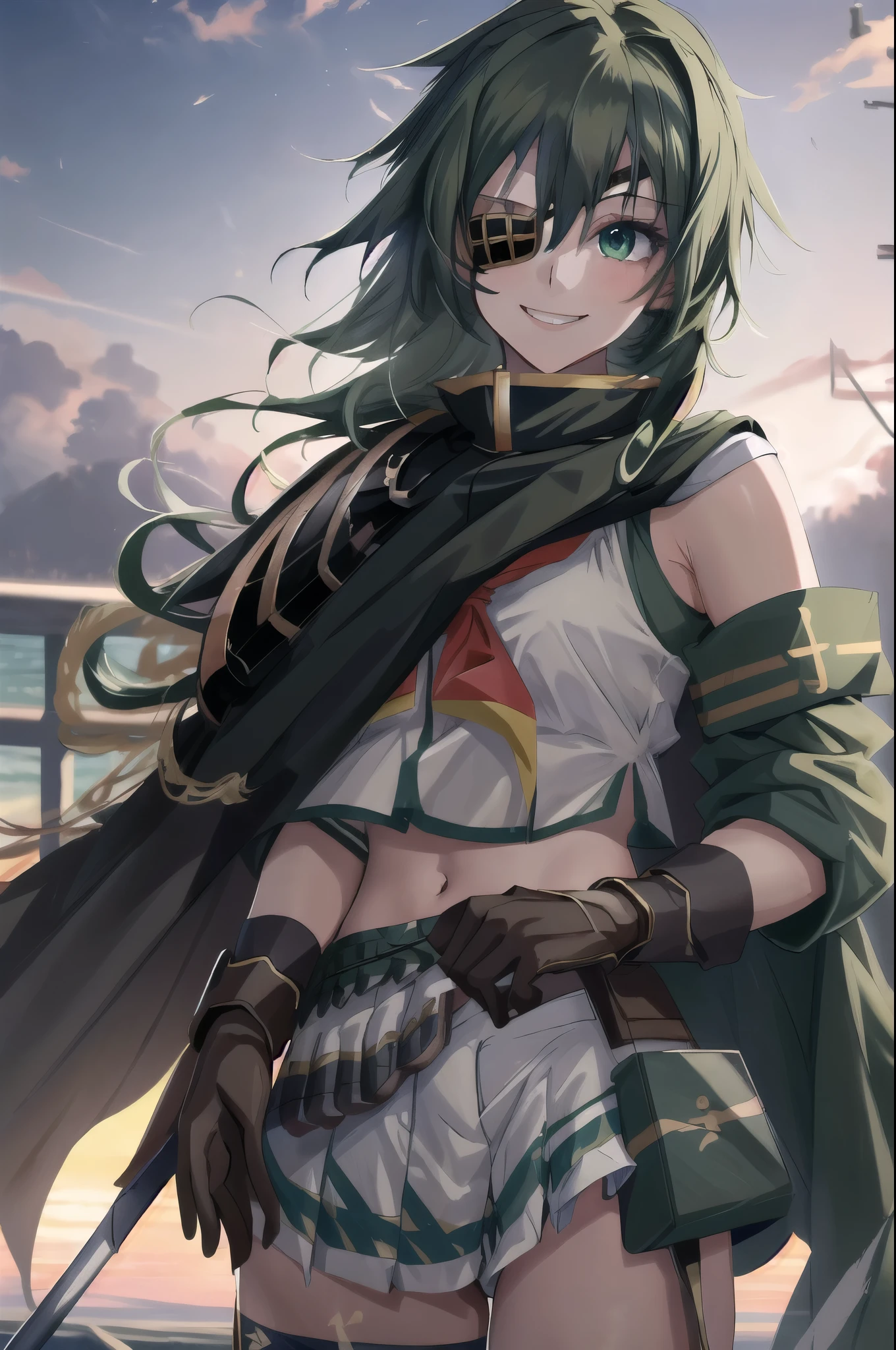 Highest quality, masterpiece, High resolution, ((一人in, {Kiso_Fleet Collection:1.15})), green_hair, eyepinch, green_eye, short_hair, Seraphim, hin, Cape, smile, One girl, Looking_in_Audience, Scapula, Sailor_hin, School_uniform, shoulder_armor, armor, brown_gloves, gloves, hair_between_eye, ((Eye patch)), Skirt Lift,  panties