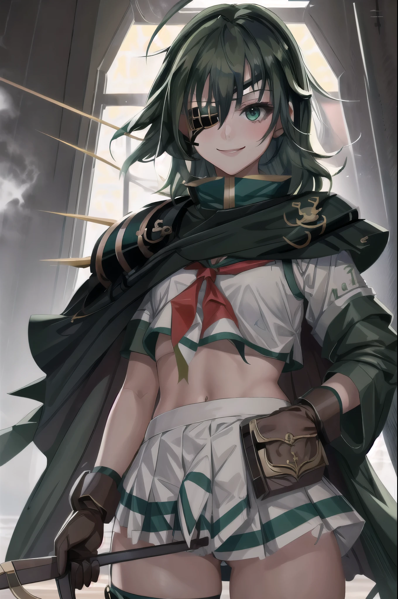 Highest quality, masterpiece, High resolution, ((一人in, {Kiso_Fleet Collection:1.15})), green_hair, eyepinch, green_eye, short_hair, Seraphim, hin, Cape, smile, One girl, Looking_in_Audience, Scapula, Sailor_hin, School_uniform, shoulder_armor, armor, brown_gloves, gloves, hair_between_eye, ((Eye patch)), Skirt Lift,  panties