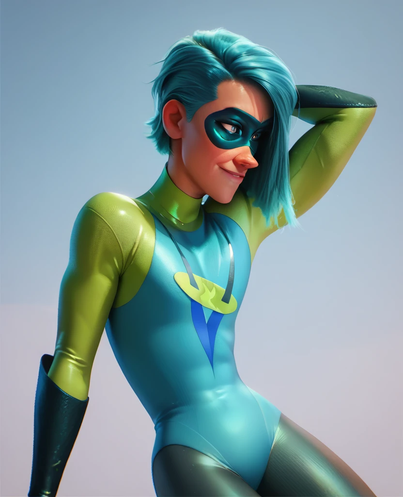 Voyd, turquoise eyes, teal hair, he used to smile, lime green and teal tight leotard with sleeves, mask, all-body, pose, best quality 