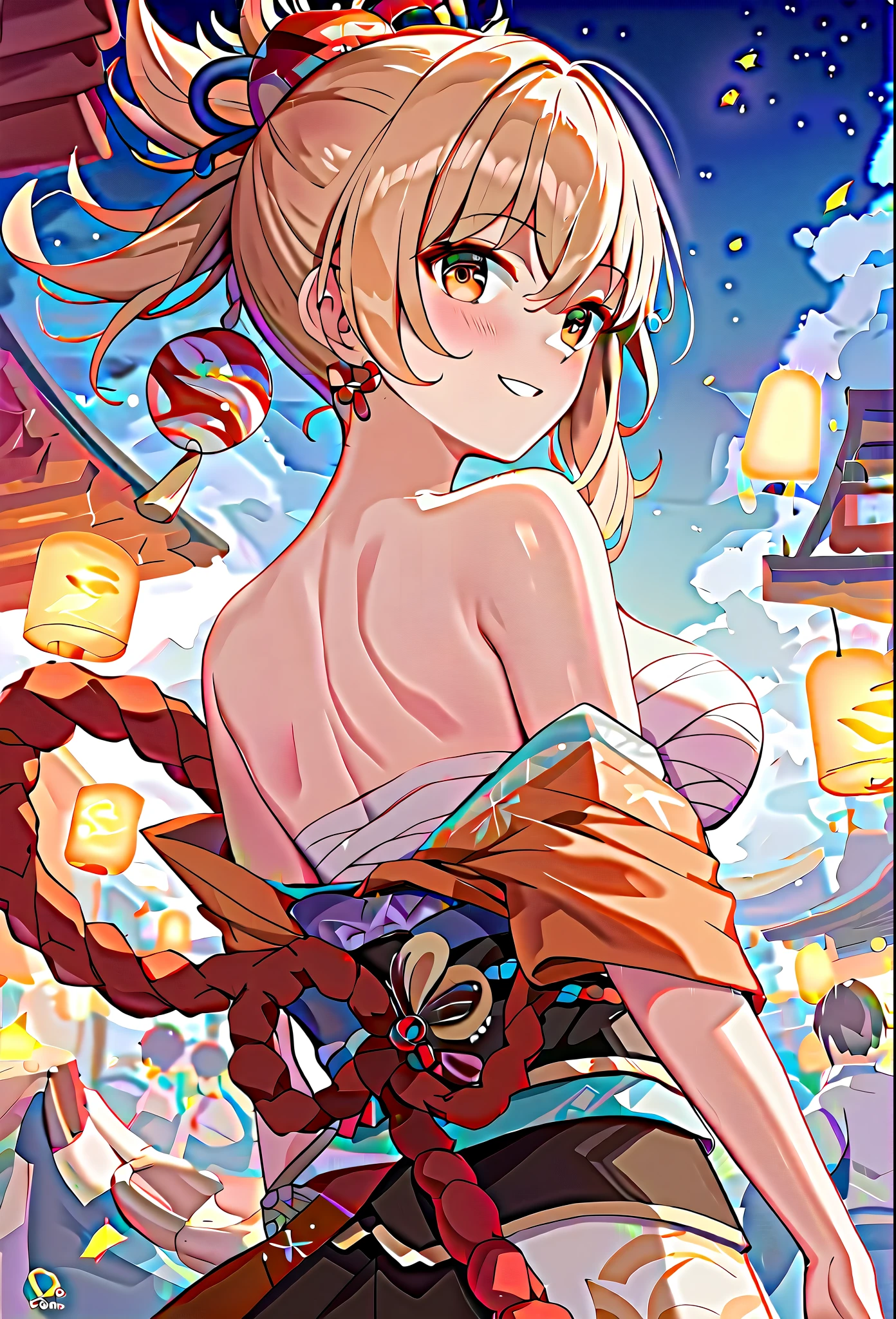 score_9, score_8_up, score_7_up, high quality ,masterpiece ,best quality ,rate_questionable ,  character_yoimiya_Genshin Impact  ,large breast ,golden hair ,Beautiful Skin ,red eyes, in a summer festival ,at night ,((fire works)), wearing a kimono ,Blushing, Closing eyes and smile,Back view, at night口を閉じる, First Person View, 