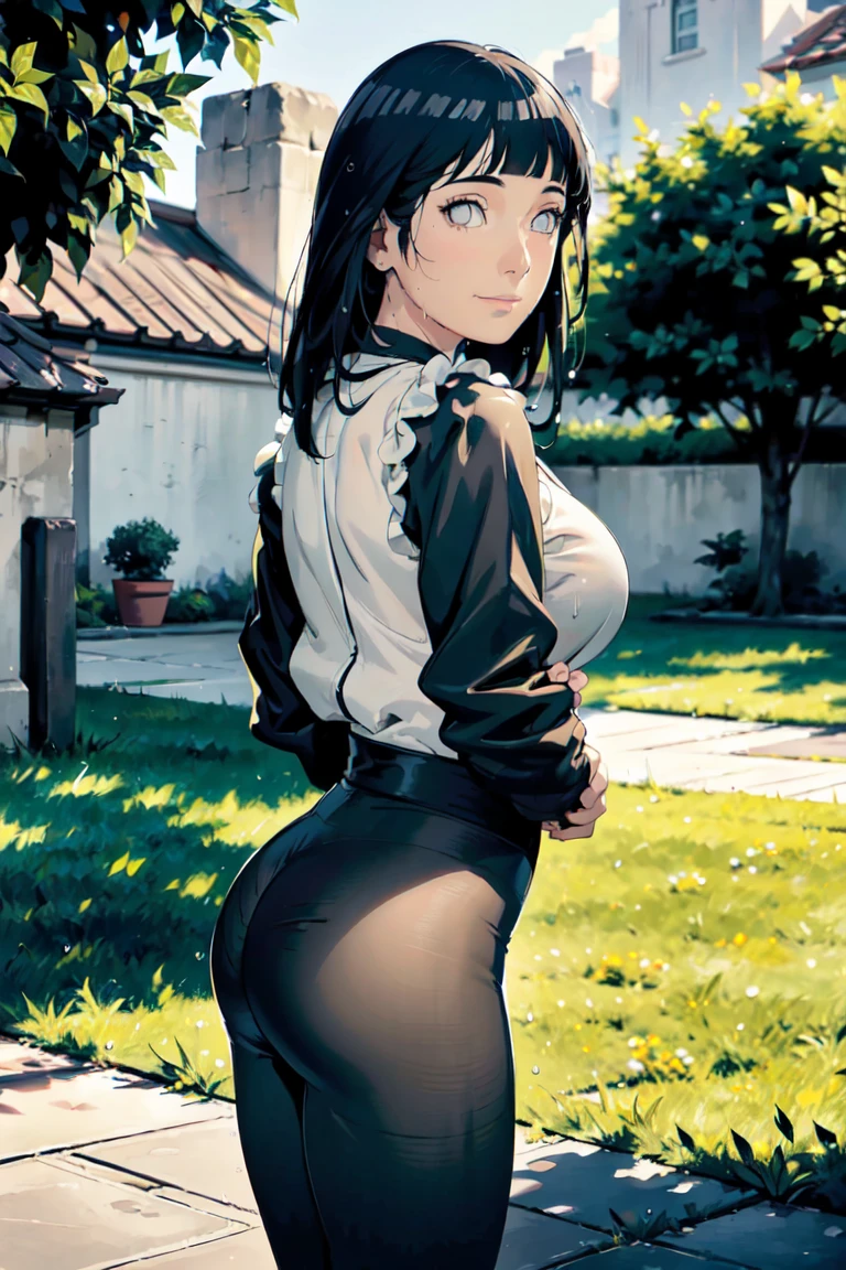 1girl, adjusting clothes, street, crowd, white shirt, from behind, ass, skirt tug, microskirt,, masterpiece, best quality, highly detailed, legend of queen opala, 1girl, osira (character), black hair, darkskinned female, yellow eyes, blunt bangs, big breasts, amused expression, looking at viewer