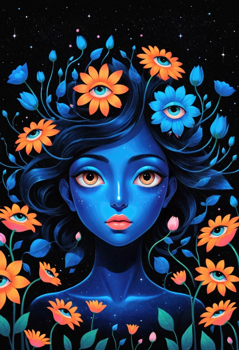 Fine quality illustrations, Center neon big eye, Flower elements, Blooming flowers, intricate petals, Small eyes inside petals, Space Background, Starlight Scattering, Smooth lines, Surrealist art style, Mysterious atmosphere, Detailed line work, Bold contrast, Imaginative design.