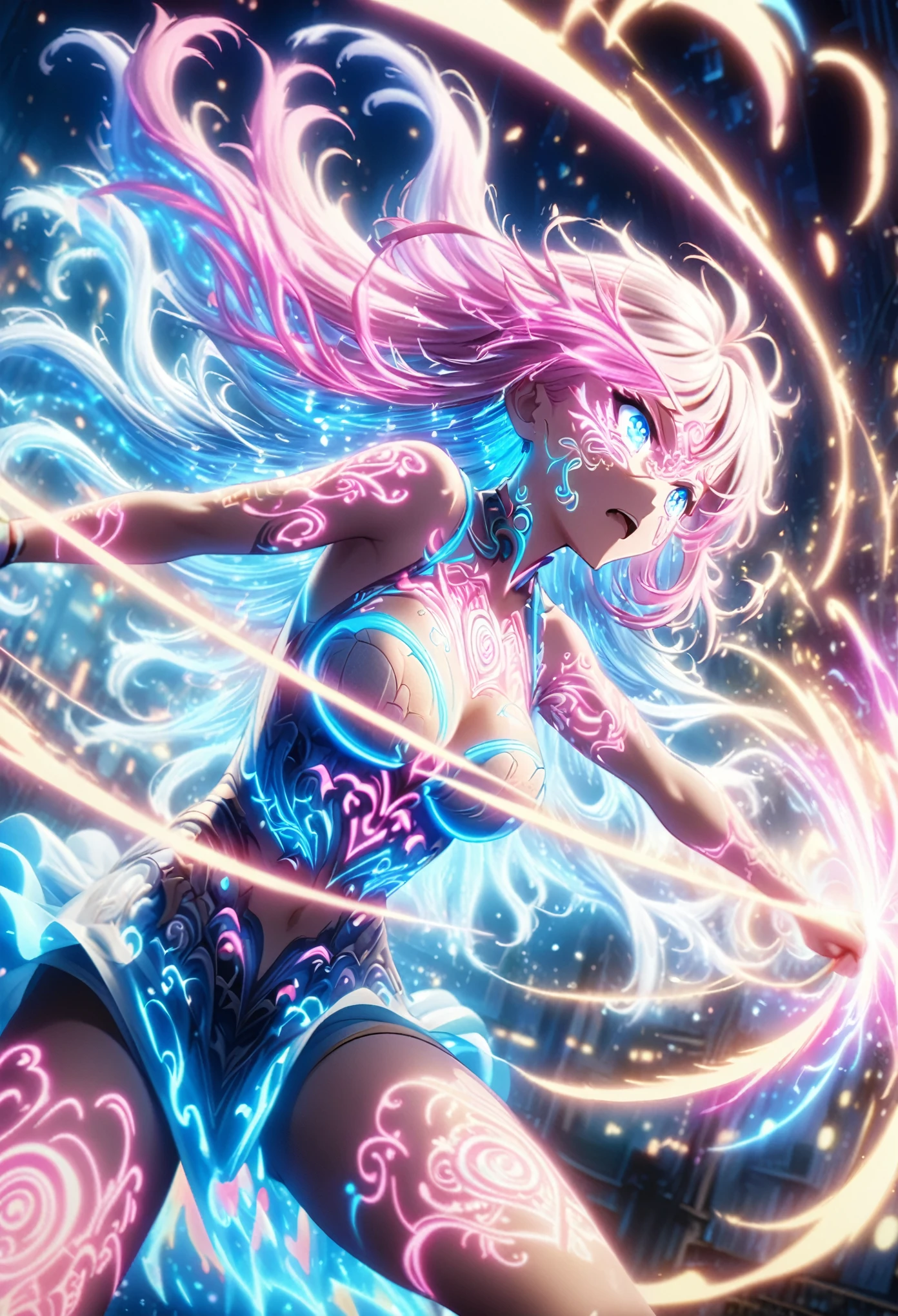 Action Scenes,Fight,Anime screenshots、 Artistic anime illustration of a woman adorned with glowing neon magic tattoos all over her body and face。 Arm and leg tattoos mixed pink, Blue and white runes.、It emits a neon light。 She has been a long time, Flowing Hair.、、 This scene、Dreamy soft focus effect.sword、 Highlight the dreamy glow of your tattoo.、front,Slashing,neon,Finding,Spinning