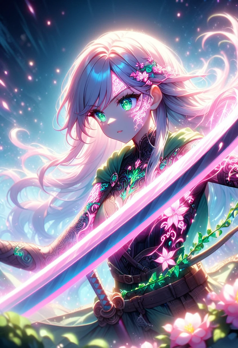 Close-up face,Swordsman with a huge sword、The sword is adorned with a glowing neon flower tattoo.。The tattoo is a mix of pink flowers and green ivy..、Emit neon lights。She has been a long time, Flowing Hair.、This scene、Dreamy soft focus effect.、Highlight the fantastic glow of the tattoo.。Look forward、front,Slashing