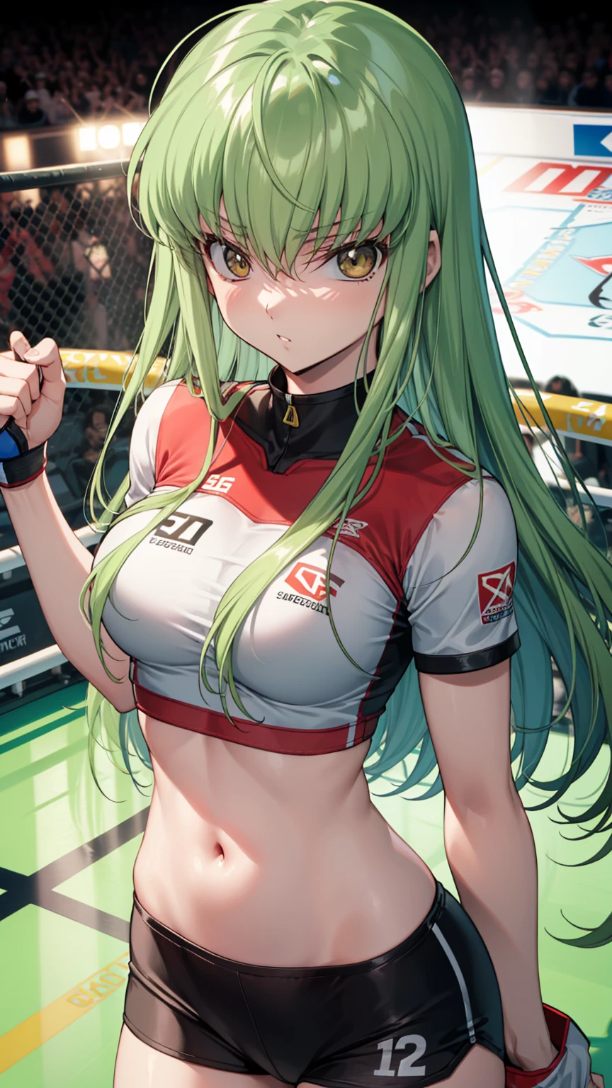 CC_Code Geass, Hair between the eyes, Very long hair 1 person, Bright light, glaring, alone, upper body shot, From above, MMA Fighter, (masterpiece, Highest quality), 8k, Intricate details, (on MMA Arena :1.5), (wearing MMA uniform:1.5, white tops and black bottoms:1.3), belly button,Slender body,Slim,((Highest quality)), Sharp focus: 1.2, Highly detailed face, Highly detailed eye,Toned stomach,