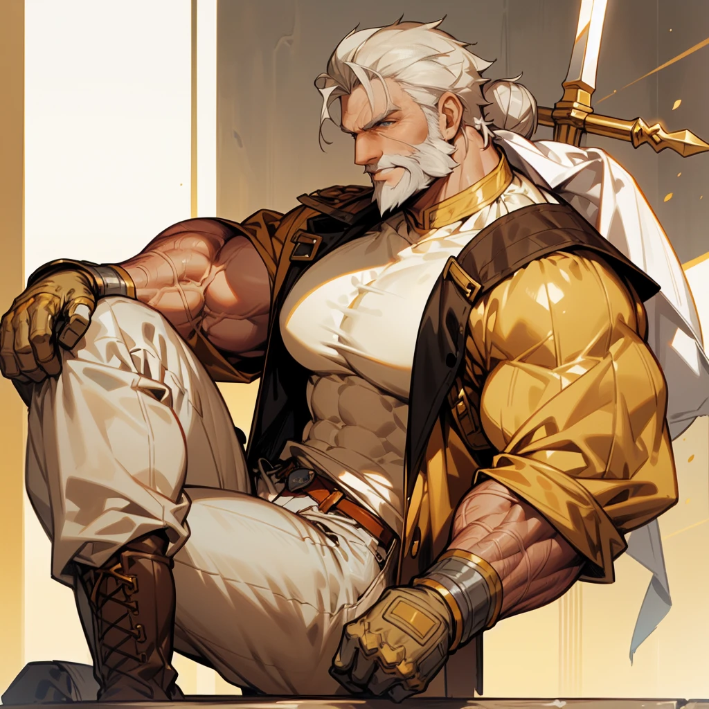 Muscular man, alone, holding a golden spear, hair tied in bun, gray hair, gray beard, ((burnt yellow social blouse, long white jeans)), black military boot, smile, yellow colored eyes, castle, costume.