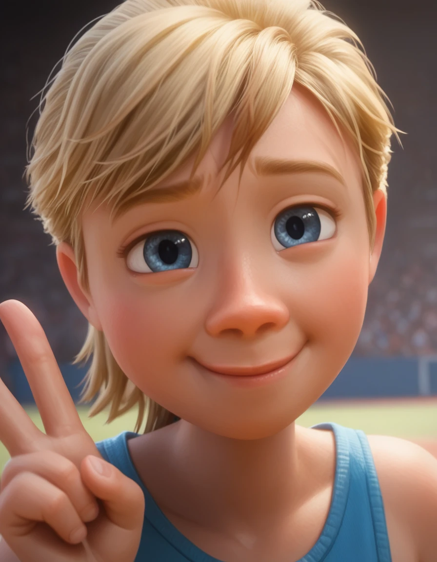 Riley Andersen, 1 girl, hair blonde, blue eyes, peace sign, ((close mouth)), Hockey tank top, coxas nuas, sitting down, 正面, 1 girl, standing alone, , salient smile, gazing at viewer, 's uniform, whole body, ((比基尼)), best quality, no flaws