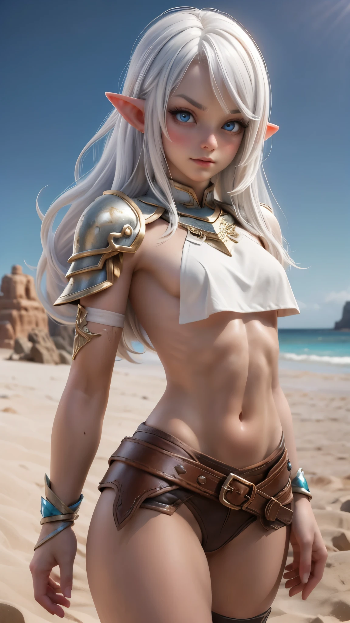 Ariel, upper body portrait, elf, white hair, beautiful, cute skimpy fantasy armor, showing lots of skin, topless, no shirt, warrior, midriff, fit, white hair, cowboy shot, desert background, realistic fantasy ,concept art