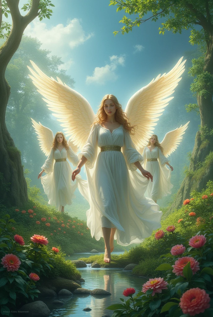 Glorious angels in a green forest