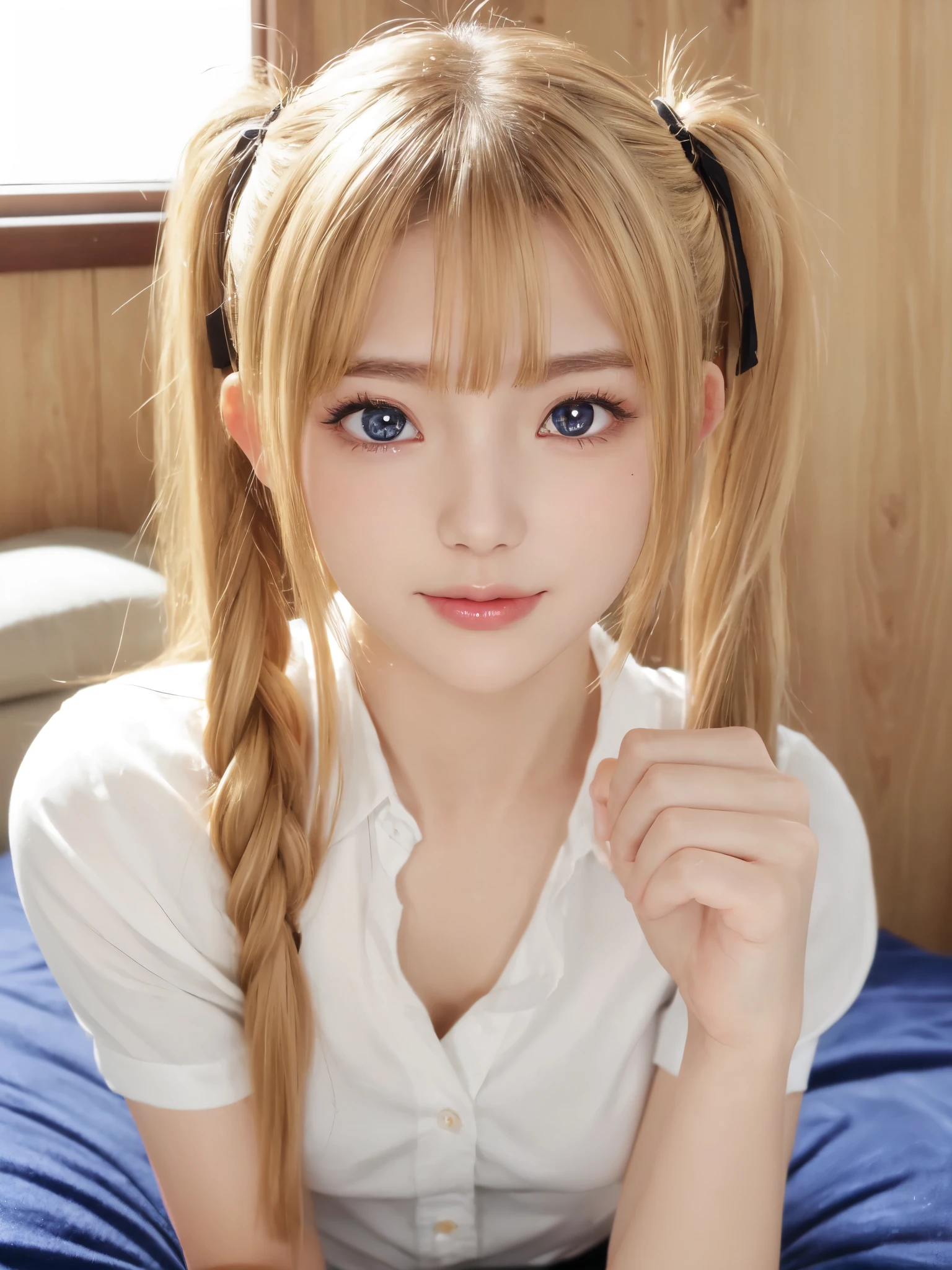 ((((masterpiece、Highest quality、High resolution、High precision)、anime)))、Golden Hair、Beautiful breasts、(Dynamic pose)、looking at the camera、(Beautiful detailed face、Beautiful big eyes)、((One beautiful woman))、((Embarrassed face))、Red cheeks、(((Blushing with a bitchy expression)))、Lie on a futon in a Japanese-style room、Light from below、Blue Eyes、Twin tails、Small breasts、Loose white shirt
