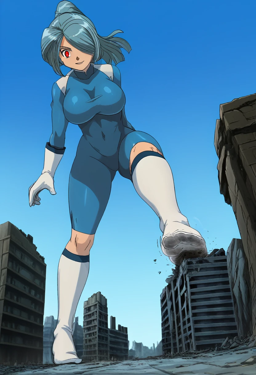 ultra-detailed, detailed face, detailed eyes, retro anime style, cartoon style, front view, from bottom, low angle, powerful shot, powerful effects, dynamic effects, dynamic shot, 

athletic curvy physique, inverted body type, attractive feminine curves, big breasts, curvy legs and arms, feminine curvy figure, (thick thighs, thick calves, thick voluptuous legs, big curvy hip, bare knees), ((style of plump voluptuous body)), plump thighs, plump calves, 

white gloves, gloves, blue bodysuit, dark emperors, white over-the-calf socks,
light blue high ponytail hair, white eyes, red glowing pupils, one eye covered with bangs,

1 beautiful giant girl, looking down with gallant smile, (running with destroying buildings, sprinting between buildings, spreading arms beck, leaning forward, stepping forward, put one foot forward, put one knee forward, put one leg forward, chasing small people around her feet),  rampage, corrupted city, destroyed buildings, corrupted buildings, scattered rubble around her feet, cracks on the road she walked along, trampling tiny human with her foot, trampled human, dusts are rolled up every she steps, overwhelming, terrible, emphasis lines, motion blur, motion lines, dutch angle, stepping, footprints, destruction, ruins, explosion, looming, 

giga size, nathan, 