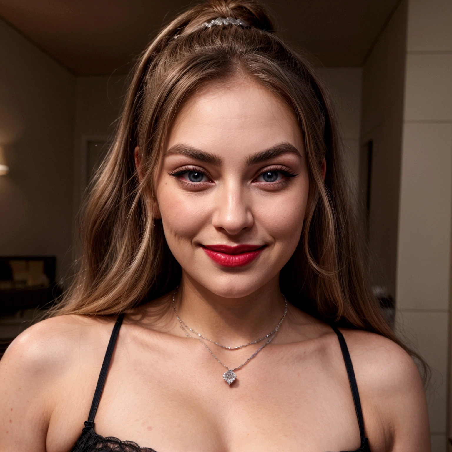 Giving blowjob, Verry messy hairstyle, long blonde hair, woman 18 years, black lingerie, red lips, blowjob, sucking dick