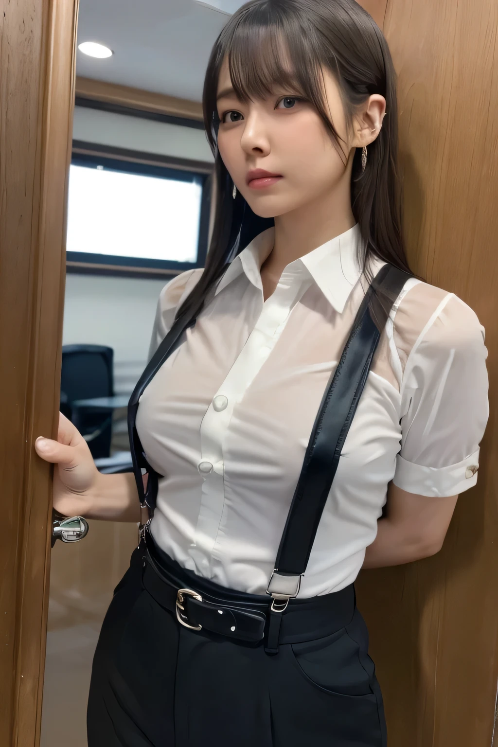 a woman in a suit, belt, hands behind back, sweating, suspenders, black pants, sexly, large breasts, see-through clothing, rain, detective, office worker, white button-up shirt, (best quality,4K,8k,highres,masterpiece:1.2),ultra-detailed,(realistic,photorealistic,photo-realistic:1.37),hyper-detailed,highly detailed face and body, Slender　thin　suspenders　Moderate breasts　See-through shirt　Nipples　holster　chain　Pistol　Armament　criminal　Female criminal　knife　japanese　profile　Japanese women　arrested handcuff　belt beside顔　beside
