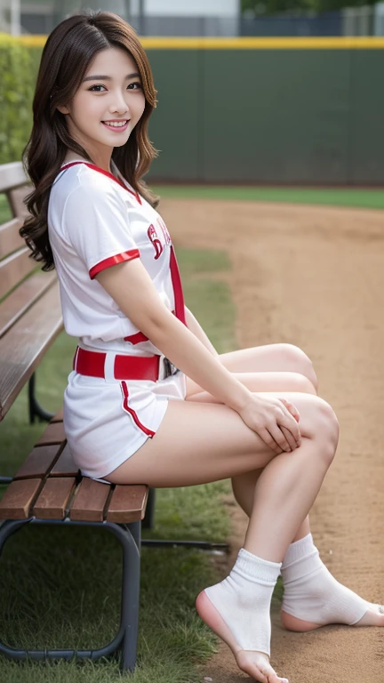 1 girl、(Age 27)、(Highest quality), Realistic, Very detailed, finely, High resolution, (8k), One beautiful woman, (Starry Sky Baseball Stadium)、(Taiwan Rakuten Cheerleaders),(A white T-shirt with a red Rakuten logo))、((Red Belt))、((White shorts))、((From the whole body to the toes:1.3)、((Full Body Shot:1.3))、(Big Breasts)、(Big Ass),(Look back and laugh)、 (Look at me and smile),(Side Shot)、(Side view:1.3)、(photoRealistic:1.3),(From the whole body to the toes:1.3)、(Sit on a bench)、(A smile showing white teeth),