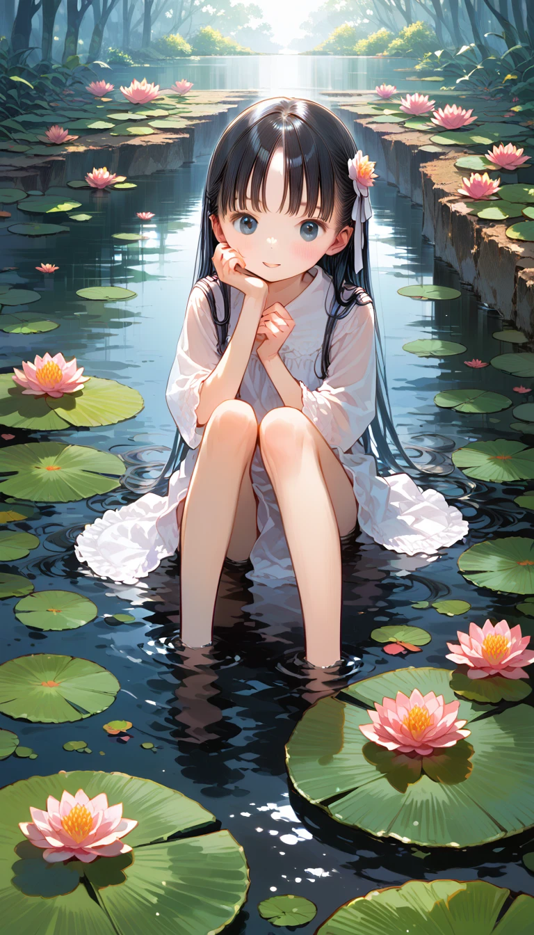 There is a girl sitting on a leaf, (white  clothes), fresh color scheme, there's a stuffed toy, Guvez style art, Popular na cgstation, illustrated by Li Song, anime suave, standing on a water lily pad, sitting on a lotus flower, cute digital art e meticulosa, cute art style, in the lagoon, Yang J., cute digital art, Guvitz, sitting near the pond