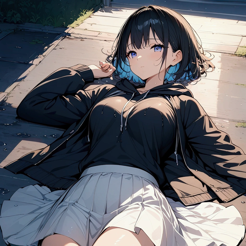 (((anime))) woman,Lying on the road,after the rain,Lying on your back,Short Hair,Short Bob,(Black Hair),Bangs parted in the center,blue eyes,Open your eyes a little,A black hoodie bathed in dazzling light,White skirt soaking wet,Light from above,Backlight,masterpiece,Highest quality,Exquisite,8k,Absurd,Ultra-fine illustrations,Top view