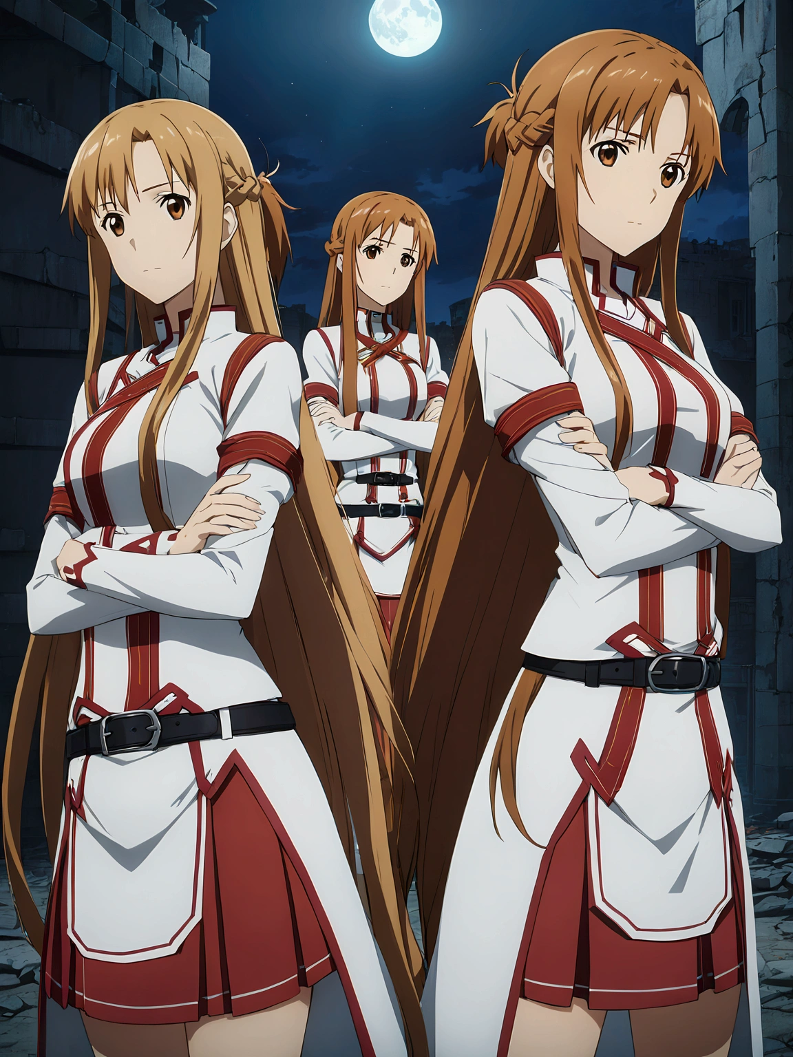 (((asuna, anime art style, long_hair, skirt, brown_hair, brown_eyes, very_long_hair, belt, crossed_arms))), urban battlefield, ruins, night sky, depth of field, cinematic, game cg, anime screencap, official art, masterpiece, best quality,  (((cloned face)))
(((similar identical twins)))
All the girls have the exact same face, The two have the same face and figure, as if they were mirror images