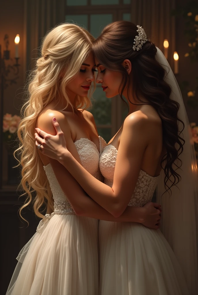 2 two ((diferent)) lesbian girls dancing at a wedding reception, in the night, hugs, ((they look at each other)), they turn to each other and cry, ((they kiss with great passion)), (((messy dirty girls))), wet hair, the lesbian sexual movement, sensual touching in a sensitive place, seen from behind, hot kissing, sensual touching, sensitive touch, (she reaches between her legs with her hand :1.1) they sexually excite each other, their hair is different colour, wearing wedding dresses, blurred background, slim bodies, slim girls models, 27-year-old female models,(Extremely meticulous CG 8k wallpaper), (Ultra High Resolution:1.0) ,beautiful light up,realistic shaded,(A high resolution) Extremely exquisite facial details, photorealistic, (anatomically correct). 1 long brunette hair, 1 short blonde hair, hairstyle up. wearing wedding dresses, very realistic