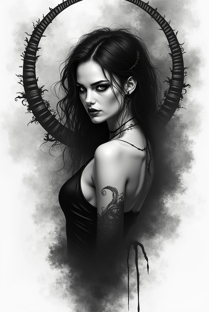 Naked gothic woman, shows her buttocks and her anus . He has a tattoo on his buttock.