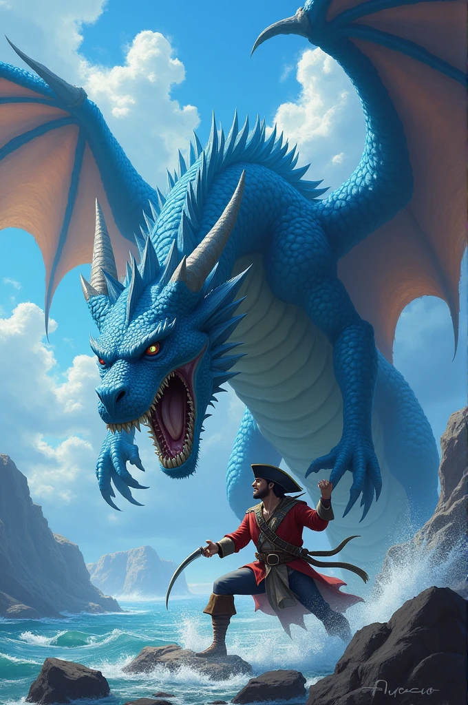 Storybook illustration style,white kind dragon knight,With the big dark scary monster in the sea