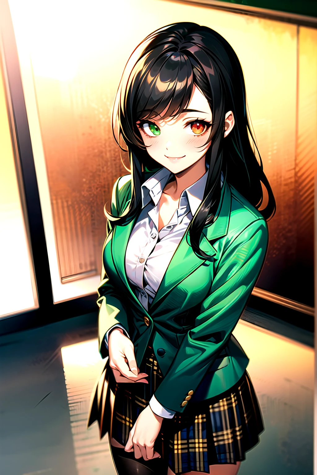 （（super high quality,））（（Ultra-high resolution,））（16K,）（super masterpiece,）（（Ultra HD ,））（Detailed shading,）Upper body photo,One mature high school girl,Blue-green blazer,（（White dress shirt with collar up,））The third button is open,Brown plaid mini skirt,Black long tights,Straight black long hair,Side-swept bangs,（（Orange and green heterochromia,））Sharp Eyes,smile,blush,A classroom illuminated by the setting sun,Top view,