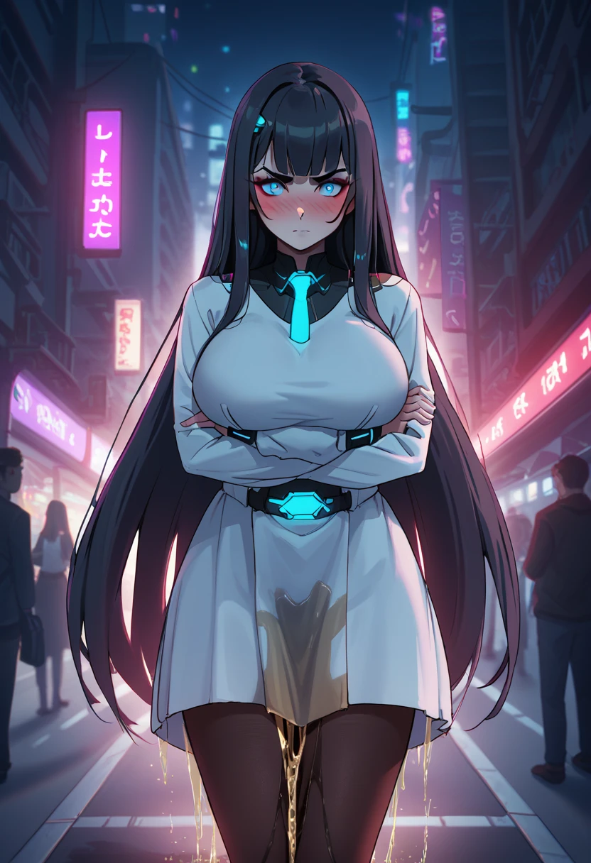 1girl, woman, (wetting self:1.5), desperation, (very long hair:1.5), straight hair, medium bangs, huge breasts, black hair, blue eyes, bodystocking, (blushing:1.5), humiliation, angry, trembling, (arms crossed:1.5), city, street, crowd, night, futuristic, (colorful:1.5), colorful lights, colorful city