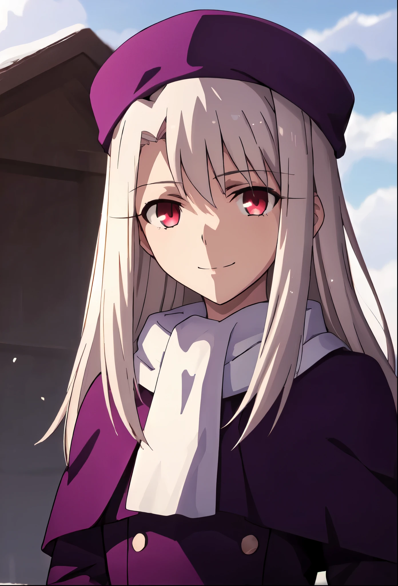 best quality, masterpiece, highres, solo, (illyasviel_von_einzbern_fatestaynightufotable:1.10), 1girl, papakha, white scarf, purple headwear, coat, anime coloring, closed mouth, looking at viewer, smile, outdoors, upper body, anime_style, 3 