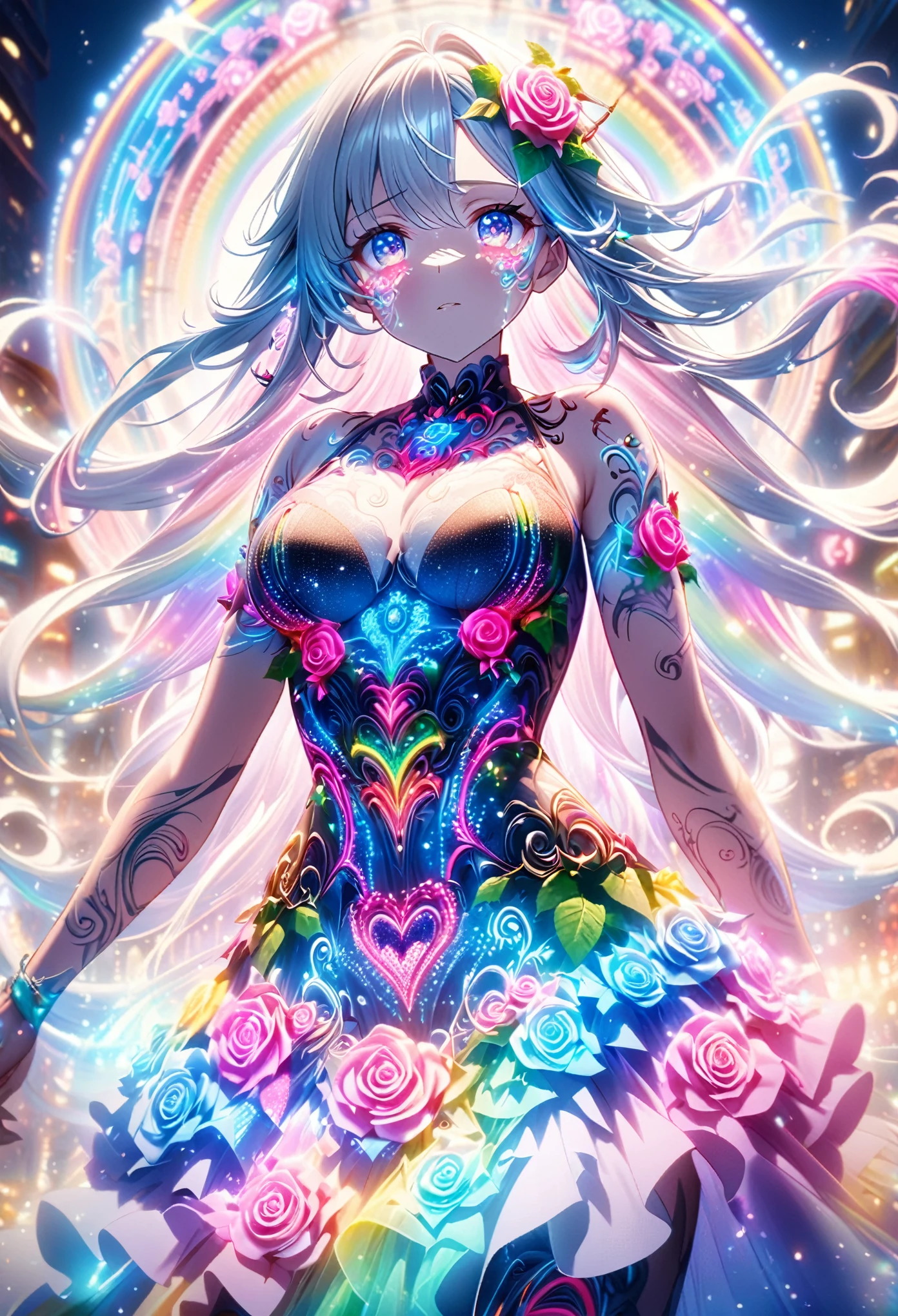 Anime screenshots、 Artistic illustration of a female anime character adorned with glowing neon rose and ivy tattoos all over her body and face。 The tattoos on his arms are mixed with white, Rainbow and white light.、 Emitting neon lights。 The girl has been, Flowing Hair、 This scene、Dreamy soft focus effect.、 Highlight the dreamy glow of your tattoo.、