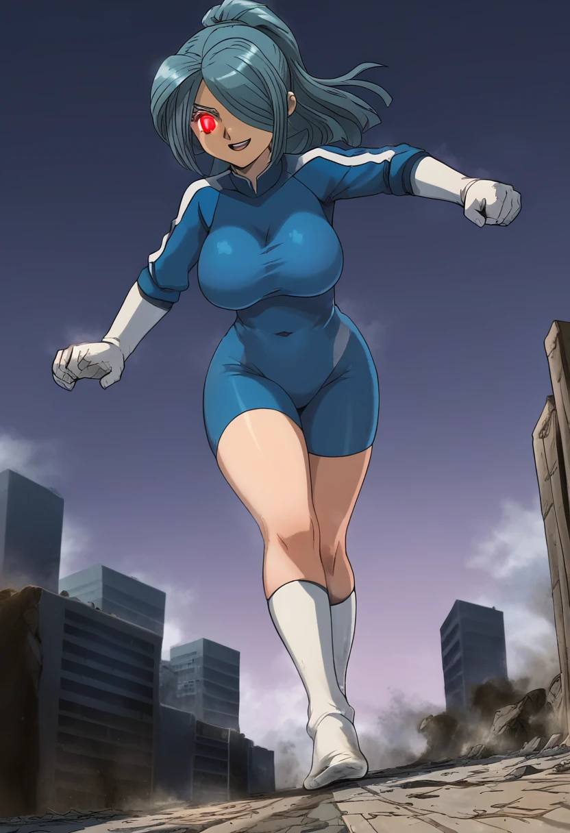 ultra-detailed, detailed face, detailed eyes, retro anime style, cartoon style, front view, from bottom, low angle, powerful shot, powerful effects, dynamic effects, dynamic shot, 

athletic curvy physique, inverted body type, attractive feminine curves, big breasts, curvy legs and arms, feminine curvy figure, (thick thighs, thick calves, thick voluptuous legs, big curvy hip, bare knees), ((style of plump voluptuous body)), plump thighs, plump calves, 

white gloves, gloves, blue bodysuit, dark emperors, white over-the-calf socks,
light blue high ponytail hair, red glowing burning pupils, one eye covered with bangs,

1 beautiful giant girl, looking down with gallant smile, (running with destroying buildings, sprinting between buildings, spreading arms back, leaning forward, stepping forward, put one foot forward, put one knee forward, put one leg forward, chasing small people around her feet),  rampage, corrupted city, destroyed buildings, corrupted buildings, scattered rubble around her feet, cracks on the road she walked along, trampling tiny human with her foot, trampled human, dusts are rolled up every she steps, overwhelming, terrible, emphasis lines, motion blur, motion lines, dutch angle, stepping, footprints, destruction, ruins, explosion, looming, 

giga size, nathan, 