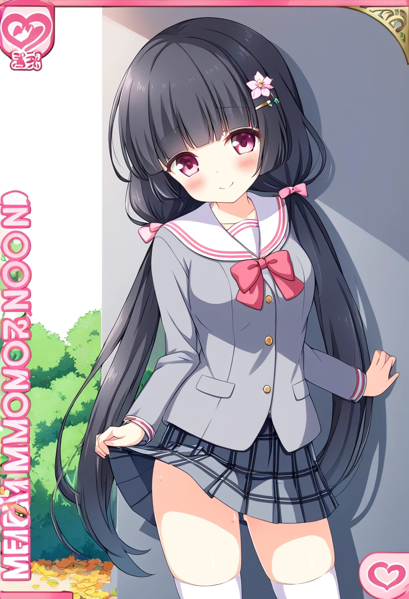 nsfw,nsfw,((womanを一人だけ描く))、(Alone Girl)、(１woman)、MORIZONOMEI, BLACK HAIR, HAIR FLOWER, HAIRCLIP, BLUNT BANGS, LOW TWINTAILS, HAIR OVER SHOULDER, LONG HAIR, PINK EYES,high resolution、anime、Alone and pure,smile、美しい日本のwoman, 16 years old、Fine skin,美しい日本のwoman, ,smile, White legwear, Brown eyes, blush, Mouth closed, Very long hair, Hair Ribbon, Pleated skirt, Eyebrows visible through hair, Knee-high, White sailor collar,Pink Ribbon, school uniform, Skirt Hold, loafers, Neck ribbon, White shirt, Brown footwear, Grey jacket, Are standing, Grey Shirt, Shadow, Plaid, Blue Skirt, View your viewers, Red ribbon, Fluffy long sleeves, Black Skirt, Seraphim, Grey Hair, Grey Skirt, socks, Brown shirt, Grey footwear, Red Neckwear, Sleeves are longer than the wrist, blazer, Collared shirt, Brown jacket, Lifted it himself, Hair between the eyes, Outdoor, garden, autumn leaves, Wind, autumn