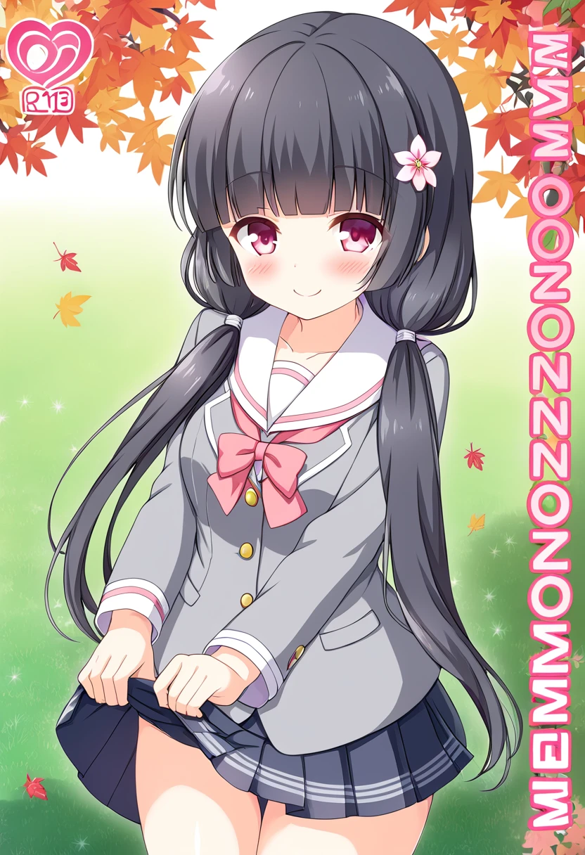 nsfw,nsfw,((womanを一人だけ描く))、(Alone Girl)、(１woman)、MORIZONOMEI, BLACK HAIR, HAIR FLOWER, HAIRCLIP, BLUNT BANGS, LOW TWINTAILS, HAIR OVER SHOULDER, LONG HAIR, PINK EYES,high resolution、anime、Alone and pure,smile、美しい日本のwoman, 16 years old、Fine skin,美しい日本のwoman, ,smile, White legwear, Brown eyes, blush, Mouth closed, Very long hair, Hair Ribbon, Pleated skirt, Eyebrows visible through hair, Knee-high, White sailor collar,Pink Ribbon, school uniform, Skirt Hold, loafers, Neck ribbon, White shirt, Brown footwear, Grey jacket, Are standing, Grey Shirt, Shadow, Plaid, Blue Skirt, View your viewers, Red ribbon, Fluffy long sleeves, Black Skirt, Seraphim, Grey Hair, Grey Skirt, socks, Brown shirt, Grey footwear, Red Neckwear, Sleeves are longer than the wrist, blazer, Collared shirt, Brown jacket, Lifted it himself, Hair between the eyes, Outdoor, garden, autumn leaves, Wind, autumn